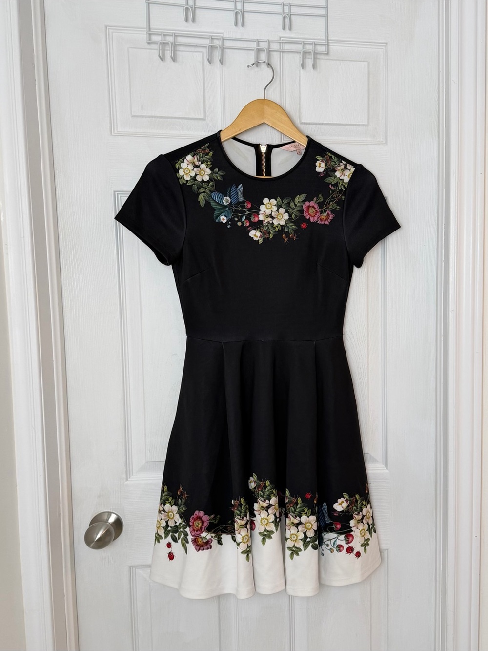 Ted Baker Black Floral Fit-and-Flare Dress with White Hem Rose Gold Zipper